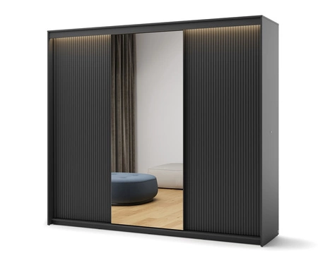 Szafa przesuwna z lustrem Trend 250 cm czarna wyjątkowy design pojemna szafa do sypialni z oświetleniem LED stylowe ryflowane fronty