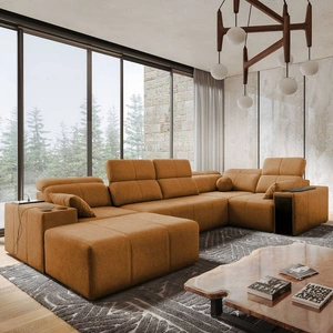 Narożnik z funkcją spania Tesalia IV miodowy lewostronny komfortowy narożnik do salonu z innowacyjną funkcją przesuwanego oparcia