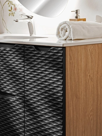 Szafka łazienkowa wisząca Ocean 30 cm dąb olejowany / czarny stylowa szafka pod blat oryginalne poziome ryflowanie w kształcie fal