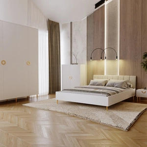 Zestaw mebli do sypialni Belluna beżowy eleganckie meble w nowoczesnym stylu złote dodatki łóżko z tapicerowanym zagłówkiem