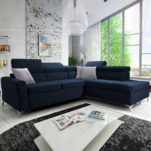 Narożnik z funkcją spania Rava III granatowy prawostronny velvet komfortowy narożnik z regulowanymi zagłówkami i pojemnikiem na pościel