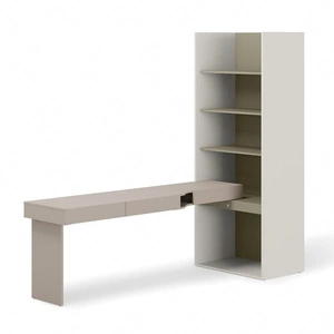 Biurko z regałem Woow 253 cm clay grey / szampański / eukaliptus lewe ergonomiczne biurko z szufladami regał z oświetleniem LED