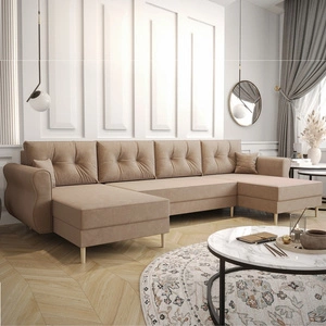 Narożnik z funkcją spania Wilkins U jasny brąz komfortowy narożnik miękka tkanina nowoczesny design wpisujący się w każdą aranżację