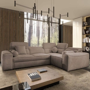 Narożnik z funkcją spania Viano II jasny brąz prawostronny designerski narożnik rozkładany wpisujący się w nowoczesne aranżacje