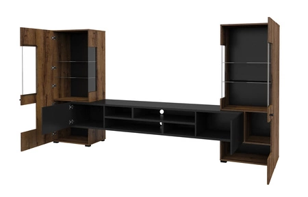 Zestaw mebli Coby dąb monastery / czarny stylowe meble o ciekawym designie czarne uchwyty meblościanka do salonu elementy z szkła hartowanego