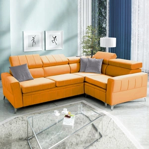 Narożnik z funkcją spania Rava II żółty prawostronny velvet komfortowy narożnik z pojemnikiem na pościel wielofunkcyjna lampka