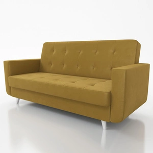 Kanapa rozkładana Neomi musztardowa modna i stylowa wersalka doskonała do domowej strefy wypoczynkowej drewniane wysokie nogi