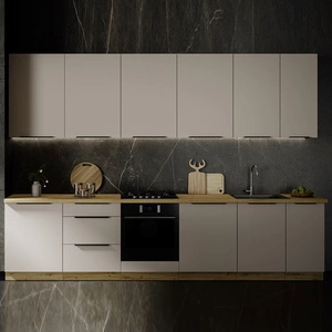 Zestaw mebli kuchennych Soela 330 cm eleganckie szafki kuchenne o subtelnej i naturalnej kolorystyce metalowe uchwyty krawędziowe