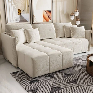 Narożnik z funkcją spania Oroso beżowy lewostronny miękka tkanina typu velvet z powłoką hydrofobową pojemnik na pościel