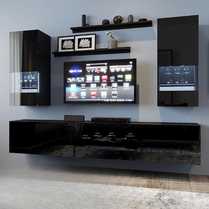 Meblościanka Pella czarna / czarny połysk uniwersalna meblościanka do salonu o lekkiej stylistyce idealnie wkomponuje się w każde wnętrze