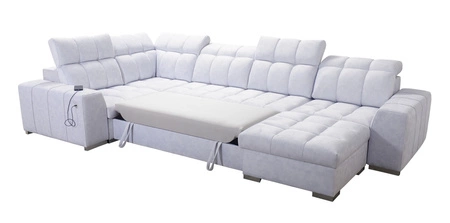 Narożnik z funkcją spania Luigi IV jasny beż prawostronny elegancki narożnik do salonu wykonany z miękkiej tkaniny typu velvet