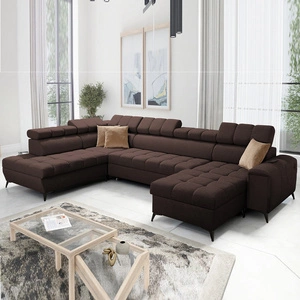 Narożnik z funkcją spania Bolmso VI brązowy prawostronny wygodny narożnik z regulowanymi zagłówkami dekoracyjne pikowania na siedzisku