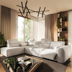 Narożnik z funkcją spania Cantare XI Lux kość słoniowa lewostronny komfortowy narożnik do salonu z podnoszonym podnóżkiem miękka tkanina