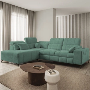 Narożnik z funkcją spania Penejos VII zielony lewostronny stylowy narożnik z pojemnikiem na pościel wygodne regulowane zagłówki