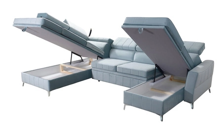 Narożnik z funkcją spania Rava VI lazurowy prawostronny praktyczny i nowoczesny narożnik wyposażony w wielofunkcyjną lampkę