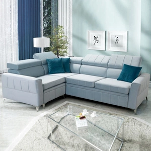 Narożnik z funkcją spania Rava II błękitny lewostronny velvet komfortowy narożnik z pojemnikiem na pościel wielofunkcyjna lampka