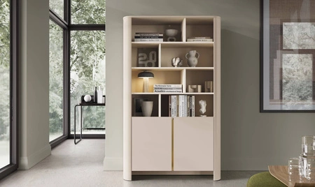 Regał Bari 103 cm beżowy funkcjonalny i nowoczesny design stonowana kolorystyka regał z drzwiami w stylu minimalistycznym