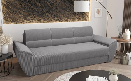 Kanapa rozkładana Fogu Bis szary popiel stylowa sofa z komfortowymi podłokietnikami sztruksowa tkanina obiciowa pojemnik na pościel