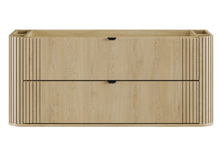 Szafka pod umywalkę Ovalia Cremona 120 cm dąb cremona charakterystyczne zaokrąglone rogi szafki czarne metalowe uchwyty krawędziowe