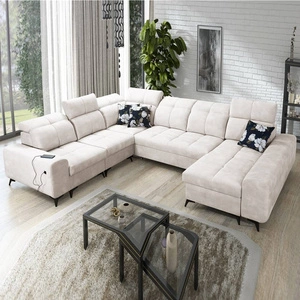 Narożnik z funkcją spania Buffalo VIII kremowy prawostronny wysokiej klasy narożnik do salonu z pojemnikami wysoka jakość wykonania