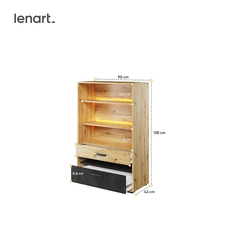 Zestaw mebli Qubic dąb artisan / raw steel / silk flou modny zestaw mebli o oryginalnym designie bryły z subtelnym oświetleniem LED