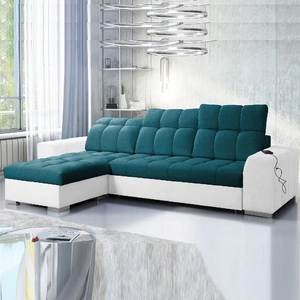 Narożnik z funkcją spania Luigi turkusowy / biały lewostronny narożnik z dwoma pojemnikami na pościel tkanina o ciekawej strukturze