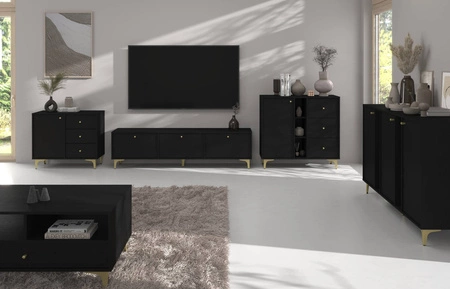 Komoda z szufladami Kioto I 84 cm czarny grafit nowoczesny design subtelne złote uchwyty metalowa podstawa idealna komoda do salonu