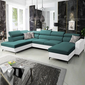 Narożnik z funkcją spania Savona VI turkusowy / biały prawostronny elegancki i komfortowy narożnik do salonu dwa pojemniki na pościel