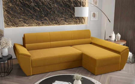 Narożnik z funkcją spania Fogu III miodowy prawostronny stylowy narożnik z podłokietnikami i pojemnikiem na pościel sztruksowa tkanina