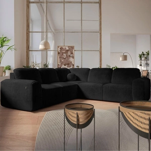 Narożnik z funkcją spania Arbon III czarny lewostronny wyjątkowo stylowy narożnik z pojemnikiem na pościel unikalny obły kształt