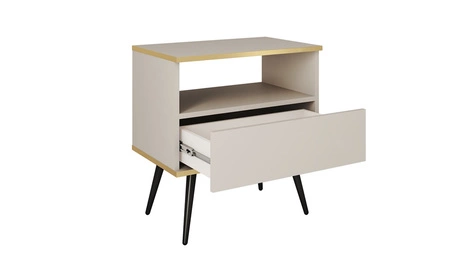 Szafka nocna z szufladą Luxury czarna elegancki design korpus zwieńczony złotą listwą szafka wsparta na wysokich metalowych nogach