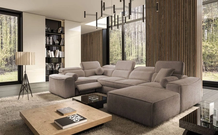 Narożnik z funkcją spania Viano IV Lux jasny brąz prawostronny designerski narożnik z wysuwanym podnóżkiem duży pojemnik na pościel