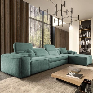 Narożnik z funkcją spania Viano XII patynowy prawostronny stylowy narożnik o ciekawym kształcie regulowane zagłówki ozdobne poduszki