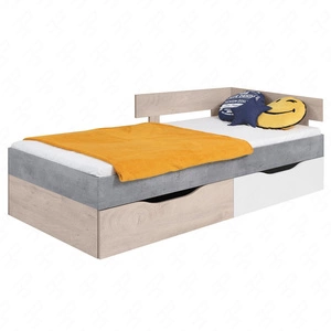 Łóżko z szufladami Epsilon 90x200 cm beton / białe / dąb nowoczesny design łóżka obrzeża wykończone specjalną okleiną ABS