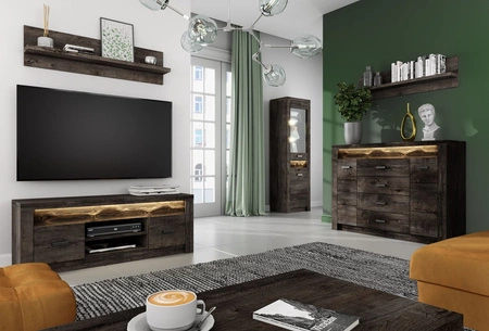 Zestaw mebli do salonu Indiana jesion ciemny elegancka stylistyka mebli ozdobna deska na froncie oświetlona LED elementy z bezpiecznego szkła