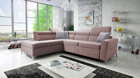 Narożnik z funkcją spania Rava III lawendowy róż lewostronny velvet komfortowy narożnik z regulowanymi zagłówkami i pojemnikiem na pościel