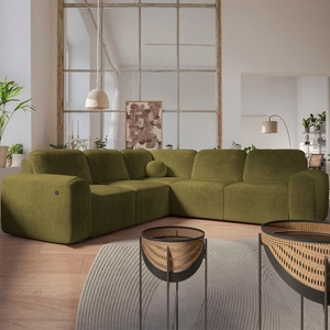 Narożnik z funkcją spania Arbon III oliwkowy lewostronny wyjątkowo stylowy narożnik z pojemnikiem na pościel unikalny obły kształt