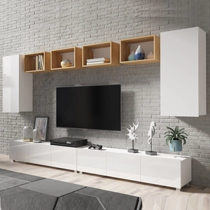 Meblościanka Apulia XXXV biały połysk / dąb złoty wyjątkowo stylowa meblościanka proste bryły wpisujące się w każde wnętrze