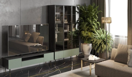 Zestaw mebli Salem czarne drewno / pistacjowa zieleń elegancka meblościanka do salonu gustowne lamele na frontach metalowa podstawa