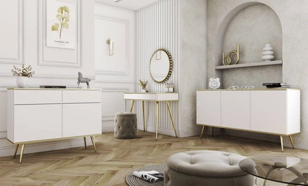 Komoda z szufladami Luxury 107 cm biała nowoczesny design komody do salonu korpus zwieńczony złotą listwą wysokie metalowe nogi