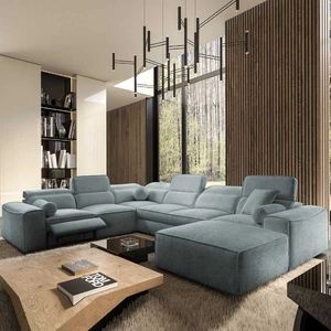 Narożnik z funkcją spania Viano VIII Lux szary błękit prawostronny designerski narożnik z wysuwanym podnóżkiem pojemniki na pościel