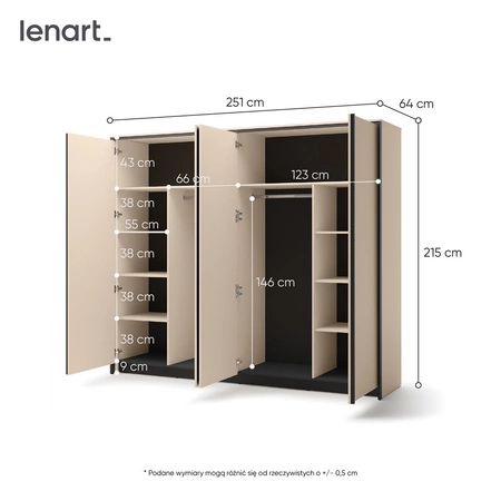 Szafa z lustrem Enna 250 cm beżowy / czarny elegancki design idealna szafa do sypialni lub garderoby klimatyczne oświetlenie LED