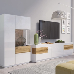 Meblościanka Silke biała / biały połysk / dąb wotan nowoczesny design system otwierania drzwi i szuflad push to open szkło hartowane