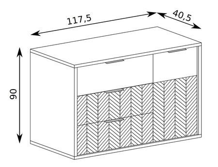 Komoda z szufladami Fonti 117 cm dąb karmel elegancka stylistyka komody czarne uchwyty krawędziowe misterne zdobienie frontów