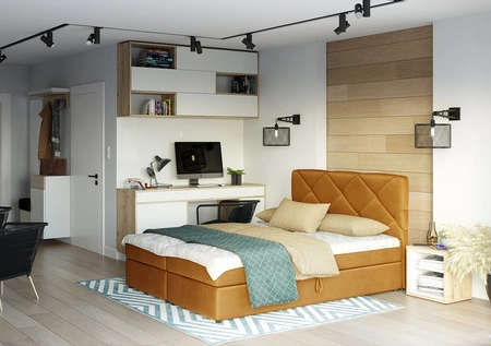 Łóżko kontynentalne Luton 160x200 musztardowe w nowoczesnym skandynawskim stylu z charakterystycznym zagłówkiem