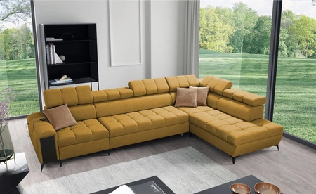 Narożnik z funkcją spania Bolmso XI musztardowy prawostronny stylowy design narożnik rozkładany z szufladą i pojemnikami na pościel