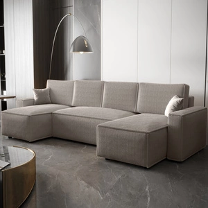 Narożnik z funkcją spania Nelo U kość słoniowa komfortowy i nowoczesny narożnik z pojemnikiem na pościel sztruksowa prążkowana tkanina