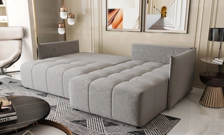 Narożnik z funkcją spania Oroso jasny szary prawostronny miękka tkanina typu velvet z powłoką hydrofobową pojemnik na pościel