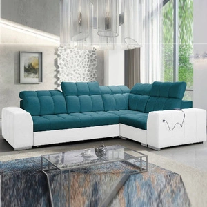 Narożnik z funkcją spania Luigi II turkusowy / biały prawostronny komfort podczas codziennego wypoczynku narożnik z pojemnikiem na pościel