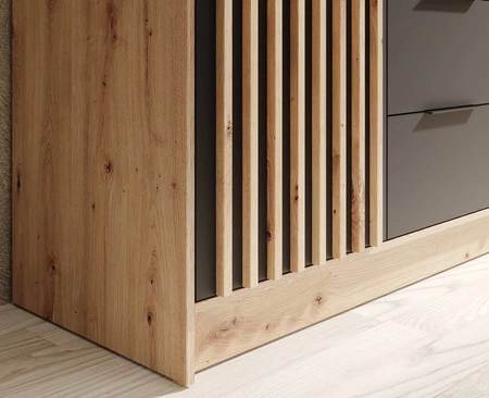 Szafa z lustrem Neri 200 cm dąb artisan / czarny stylowe lamele zdobiące drzwi szafy pojemne szuflady uchwyty krawędziowe